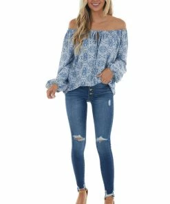 First Love Ocean Blue Printed Off Shoulder Blouse Tops 33 First Love Ocean Blue Printed Off Shoulder Blouse Tops