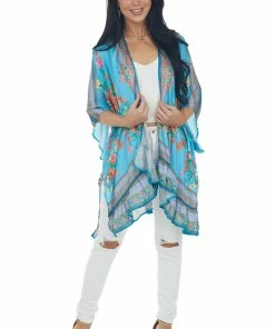 Umgee Ocean Floral Short Sleeve Open Front Kimono Tops