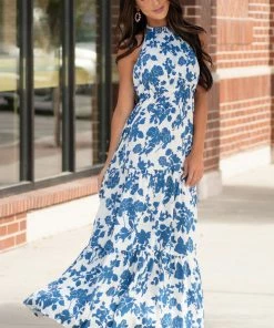Dress Day Steel Blue And Ivory Floral Print Maxi Dress