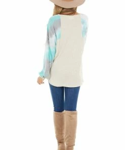 American Chic Tops Cream Waffle Knit Long Sleeve Top With Tie Dye Detail 33 American Chic Tops Cream Waffle Knit Long Sleeve Top With Tie Dye Detail