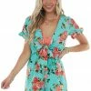 Peach Love Turquoise And Floral Print Deep V Romper