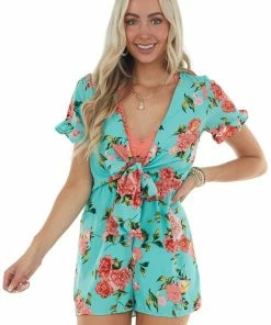 Peach Love Turquoise And Floral Print Deep V Romper
