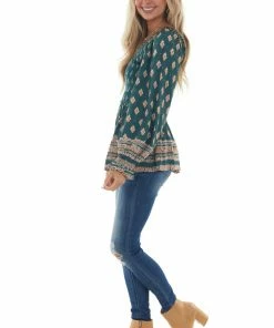 Nostalgia Pine Green Printed Off Shoulder Smocked Blouse