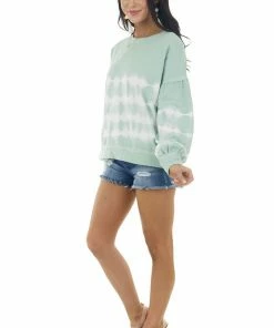 She + Sky Pistachio Tie Dye Knit Top With Long Bubble Sleeves