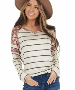 Lovely Melody Heathered Beige Striped Knit Top With Leopard Print Contrast Tops
