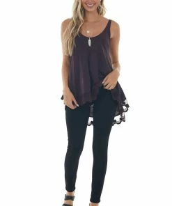 ANGIE Eggplant Knit Tank Top With Scalloped Lace Hemline Tops
