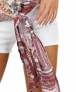 Andree Plum Floral Multi Print Sleeveless V Neck Top With Tie Tops