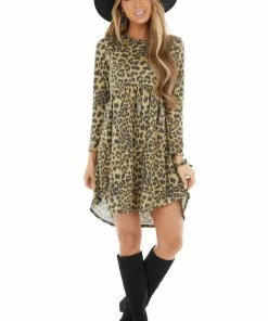 CollectiveRack Dark Beige Leopard Print Babydoll Dress With Pockets