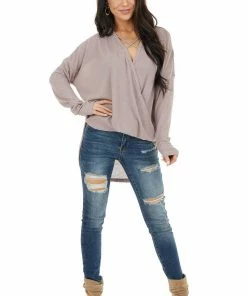 HOPELY Dusty Rose Waffle Knit Surplice Top With Criss Cross Detail Tops