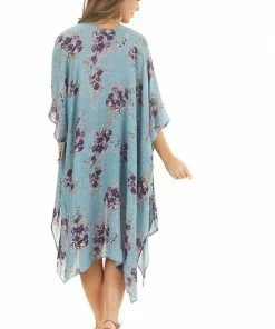 ANGIE Teal Floral Print Half Sleeve Kimono With Side Slits