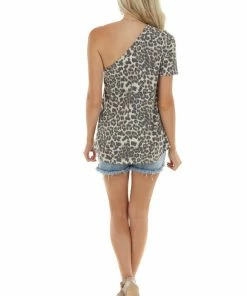 BiBi Oatmeal Leopard Print One Shoulder Knit Top Tops