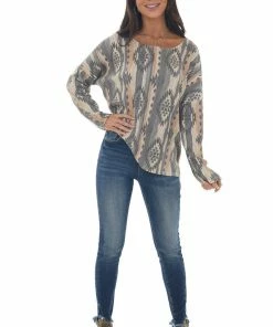 Lovely Melody Tops Stone Grey Aztec Print Long Sleeve Tunic Top 29 Lovely Melody Tops Stone Grey Aztec Print Long Sleeve Tunic Top