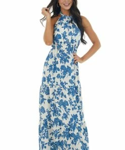 Dress Day Steel Blue And Ivory Floral Print Maxi Dress