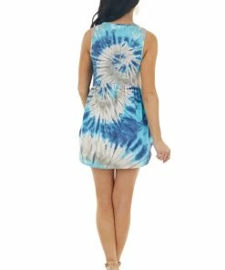 Sweet Lovely Faded Navy Blue Tie Dye Print Sleeveless Babydoll Knit Top