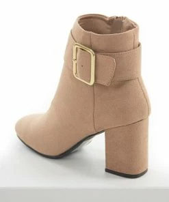 East Lion Corp. Shoes Latte Suede Large Buckle Block Heel Booties