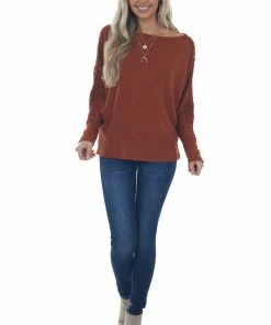 143 Story Cinnamon Waffle Knit Dolman Lace Sleeve Top