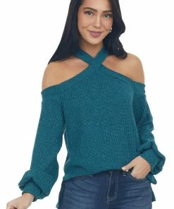 143 Story Forest Green Glittery Halter Cold Shoulder Top Tops
