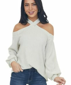 143 Story Tops Cream Glittery Halter Cold Shoulder Top