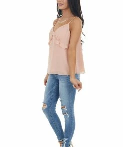 NAKED ZEBRA Peach Sleeveless Woven V Neck Camisole With Ruffle Detail