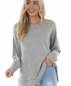 Jodifl Tops Heathered Grey Soft Long Sleeve Curved Hem Top