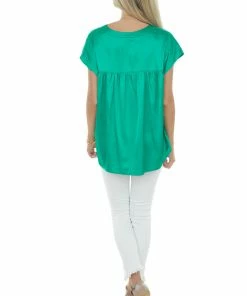 Jodifl Jade Short Sleeve Notch Neckline Satin Blouse Tops
