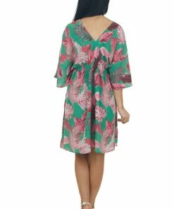 Entro Jade And Hibiscus Leaf Print Half Sleeve Dress