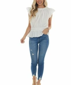 Grade & Gather Ivory Ruffle Cap Sleeve Cinch Waist Blouse