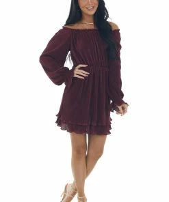 She + Sky Rich Wine Off The Shoulder Pleated Dress 14 She + Sky Rich Wine Off The Shoulder Pleated Dress