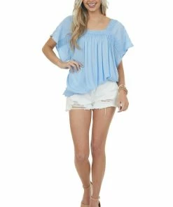 Davi & Dani Powder Blue Square Neck Blouse With Lace Details 20 Davi & Dani Powder Blue Square Neck Blouse With Lace Details
