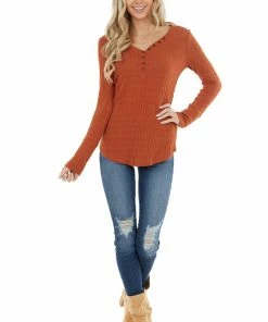 Ces Femme Rust Long Sleeve Ribbed Knit Top With Button Detail