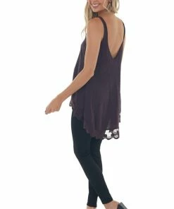 ANGIE Eggplant Knit Tank Top With Scalloped Lace Hemline Tops