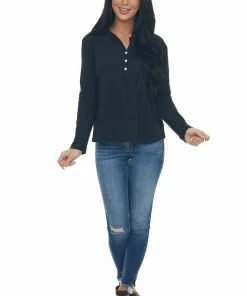 Charlotte Avery Black Long Sleeve Notch Neck Henley Top
