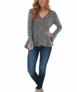143 Story Stone Grey Ditsy Floral Surplice Soft Knit Top Tops