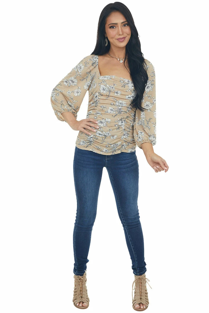Ces Femme Tops Oatmeal And Ivory Floral Peasant Sleeve Top 8 Ces Femme Tops Oatmeal And Ivory Floral Peasant Sleeve Top