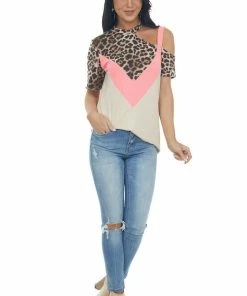 143 Story Beige And Neon Pink Leopard Print Top Tops