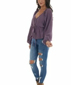 &merci Tops Deep Lilac V Neck Flowy Blouse With Tie Detail