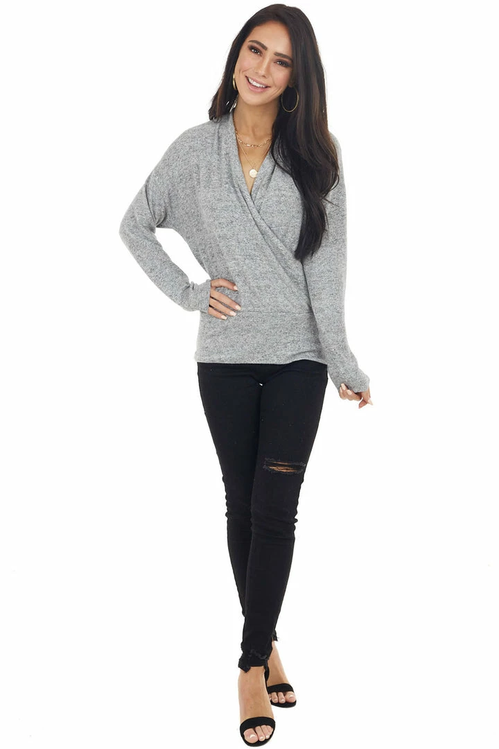 Cherish Heathered Dove Wrapped Surplice Long Sleeve Knit Top 13 Cherish Heathered Dove Wrapped Surplice Long Sleeve Knit Top