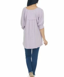 Umgee Lilac Woven Half Bubble Sleeve Top With Frayed Hem Tops