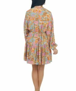 Entro Dusty Arctic Blue Floral Print Peasant Dress Dresses