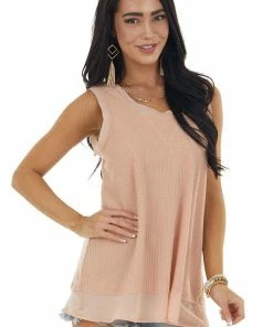 Doe & Rae Apricot Waffle Knit Tank With Sheer Detail