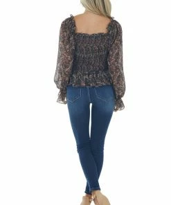 FSL APPAREL Tops Black Paisley Print Smocked Back Peplum Blouse