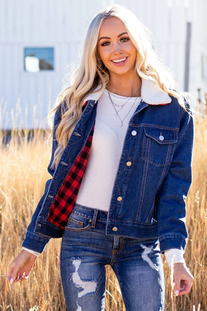 12PM Outerwear Denim Jacket With Red Buffalo Plaid Lining And Sherpa Collar 20 12PM Outerwear Denim Jacket With Red Buffalo Plaid Lining And Sherpa Collar