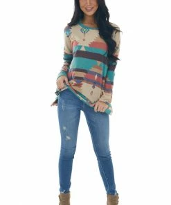 IWT Brands Beige Multicolor Aztec Print Long Sleeve Top Tops 29 IWT Brands Beige Multicolor Aztec Print Long Sleeve Top Tops