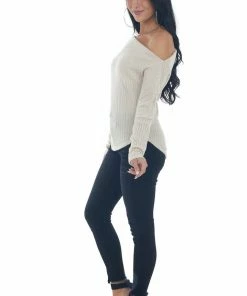 Peach Love Cream Off Shoulder Glitter Ribbed Knit Top Tops