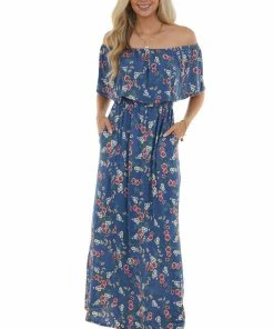 Celeste Design Navy Floral Print Ruffle Overlay Maxi Dress Dresses