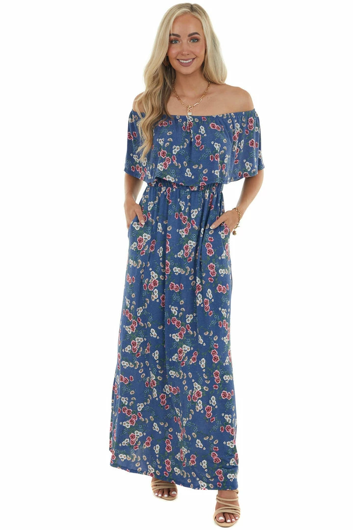 Celeste Design Navy Floral Print Ruffle Overlay Maxi Dress Dresses 4 Celeste Design Navy Floral Print Ruffle Overlay Maxi Dress Dresses