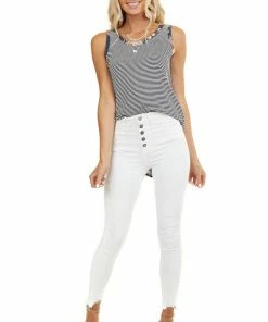 American Chic Tops Navy Striped Print Tank Top With Back Floral Contrast