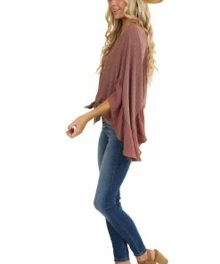 Listicle Mauve Waffle Knit Button Up Top With Trumpet Sleeves Tops