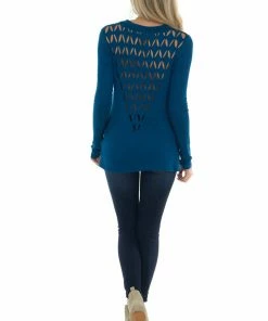 Blumin Apparel Sea Blue Laser Cut Out Back Long Sleeve Top Tops