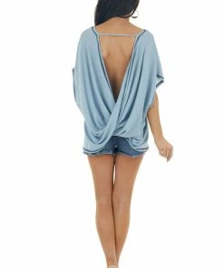 CY Fashion Tops Powder Blue Waffle Knit Open Back Top With Exposed Stitching
